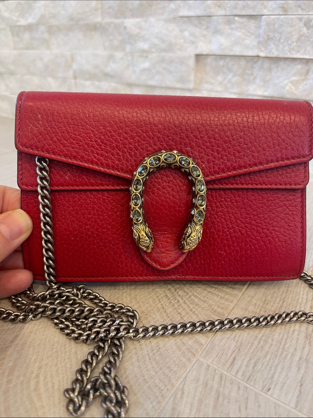 Gucci Super Mini Dionysus Red Leather Chain Bag Authentic